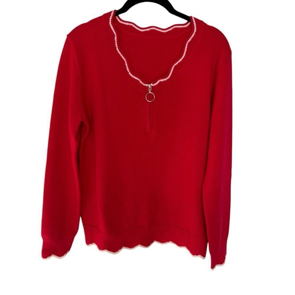 V Neck Long Sleeve Knit Sweater Red with White Scalloped edges Women’s Medium